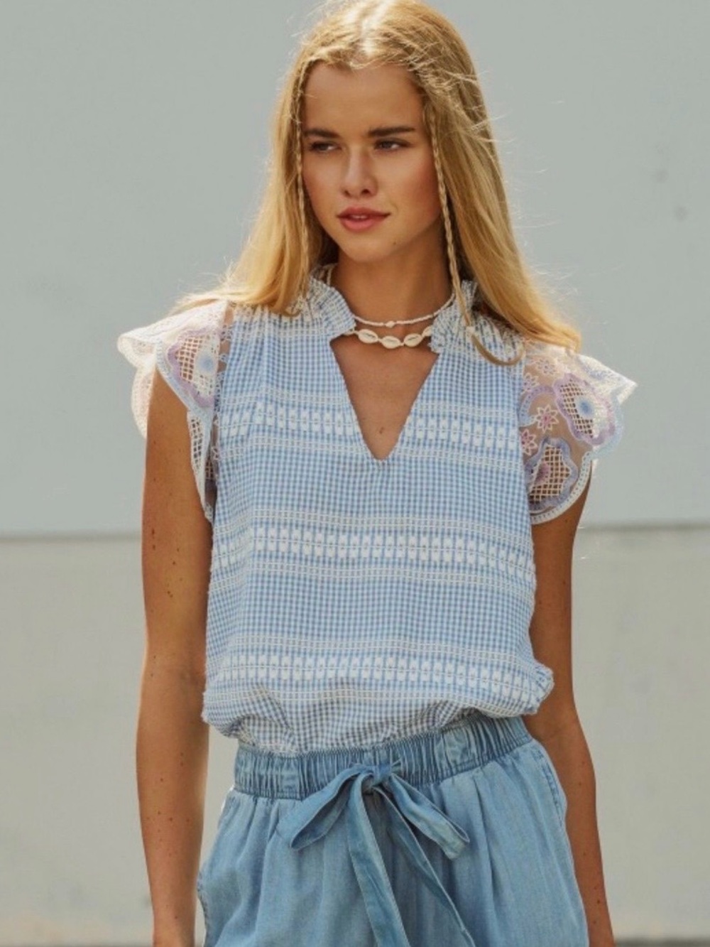 URBAN DAIZY- Sweet Lace Gingham Top [L]